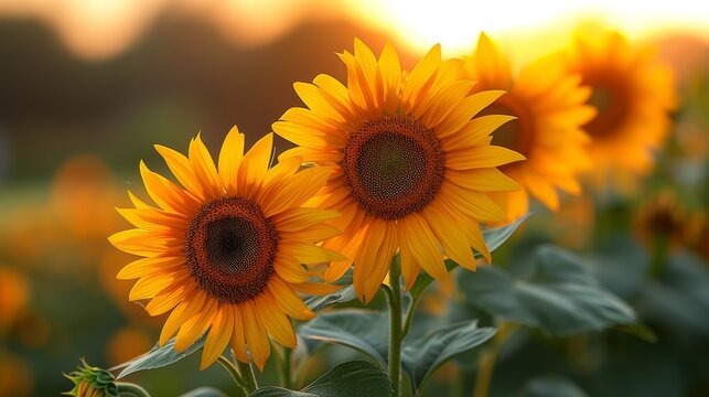  Sunflowers illuminate yellow field as sun shines on leaves, casting radiant glow onto sky in background © Jevjenijs