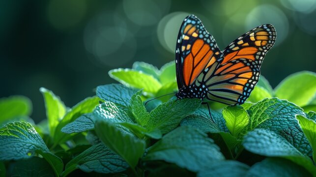  A clear photo of a butterfly atop a leafy plant with a green backdrop