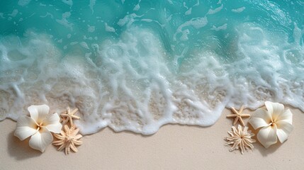 Fototapeta na wymiar Three starfish on a sandy beach, ocean nearby, two white flowers in center sand