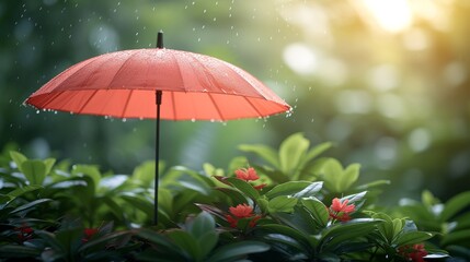  A red umbrella sits amidst a lush green plant, surrounded by vibrant red blossoms, under the bright sky on a drizzly afternoon