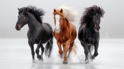  Three horses gallop through misty water, manes billowing
