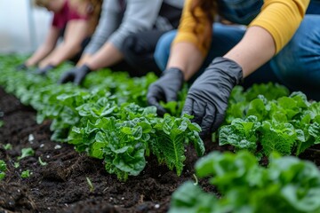 Group of individuals cultivating a row of fresh green lettuce plants on fertile soil in daylight
