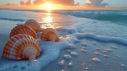  A group of seashells on a sandy beach, bathed in a warm sunset glow - obrazy, fototapety, plakaty