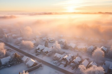 Aerial view of suburb houses in winter snow