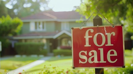 Inviting suburban home for sale during sunset with a vibrant red sign on the lawn, golden hour real estate opportunity - AI generated