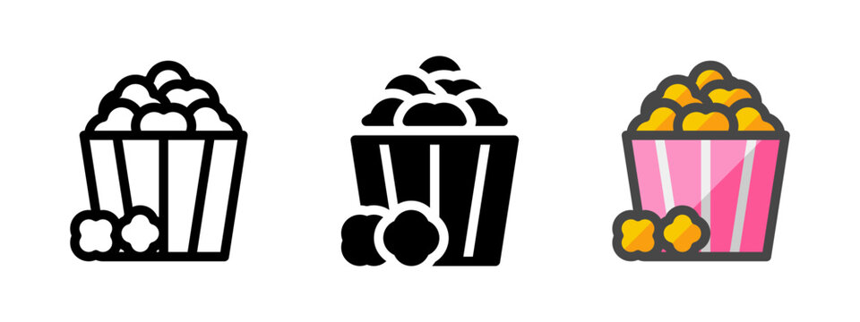 Multipurpose popcorn vector icon in outline, glyph, filled outline style. Three icon style variants in one pack.