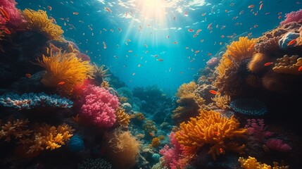  An underwater scene featuring vivid coral reefs teeming with various tiny fish
