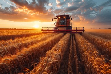 Obraz premium A stunning scene showcasing a combine harvester at work in a golden wheat field during sunset