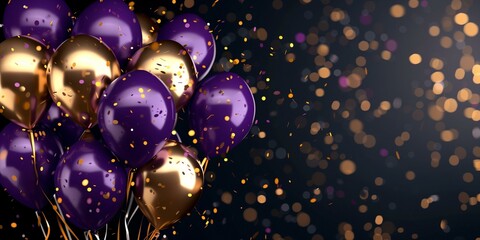 Purple and Gold Celebration Balloons with Confetti on Dark Background