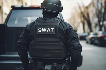 Swat team officers standing in front of a house door - obrazy, fototapety, plakaty