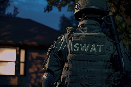 Swat team officers standing in front of a house door