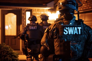 Swat team officers standing in front of a house door