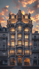 art nouveau new fictional hotel in paris at sunset beautiful parisian architecture illuminated lights - obrazy, fototapety, plakaty