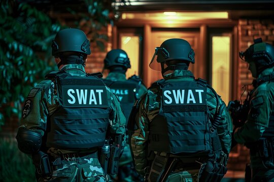 Swat team officers standing in front of a house door