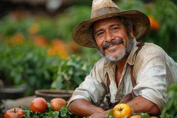 Cheerful farmer proudly displaying fresh tomatoes in a sunny garden