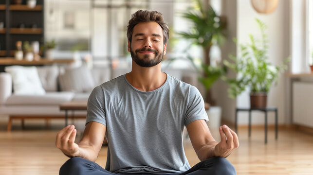 tranquility of relaxation exercises at home with a portrait of a happy man practicing relaxation exercises in his spacious and bright flat, promoting mental well-being and mindfulness.