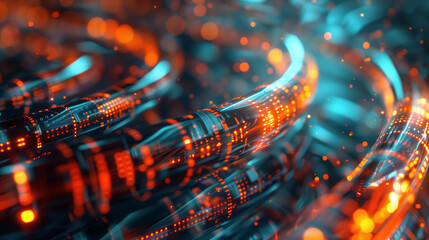 technological prowess of data transfer with a photograph of glowing data cables conveying information against a dark background. Abstract background - obrazy, fototapety, plakaty