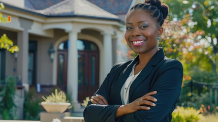 Confident real estate agent with welcoming smile in front of a stylish modern home, professional portrait showcasing successful homeownership - AI generated