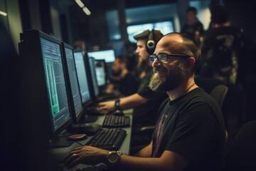 Diverse group of software developers collaborating on new application in modern office setting