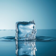 Close-up of an ice cube melting in water, an image ideal for studies on climate change or for promoting refreshing beverages. - obrazy, fototapety, plakaty