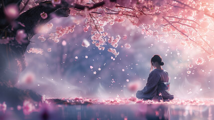 Fototapeta na wymiar a person sitting alone beneath a cherry blossom tree, eyes closed in quiet meditation. 