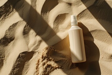bottle of hair spray positioned on sandy ground, cast in the soft light and shadows of an afternoon sun, perfect for a beauty product advertisement or a magazine feature on beach essentials