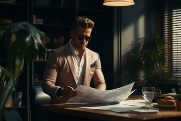 Successful businessman reading morning news and enjoying a cup of coffee in spacious modern office