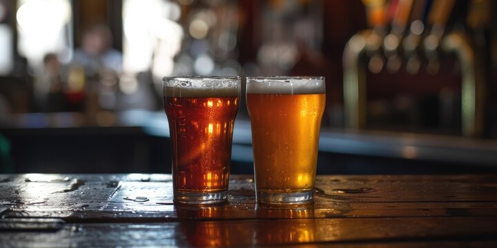 two pints of craft beer on a bar top, suitable for a brewery website or a guide to craft beers