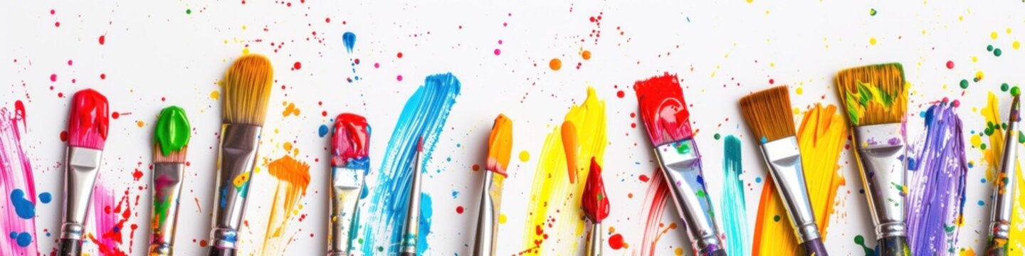 an array of colorful paintbrushes with vibrant paint splatters, a lively scene that can be used in art education or to market art supplies.