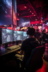 Obraz premium A man is seated in front of two computer monitors, likely at a gaming event. He appears focused on the screens, possibly playing a new release game or participating in a virtual competition