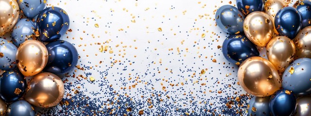 Balloon birthday background confetti anniversary happy gold party ballon white. Birthday balloon background ribbon card design 3D golden isolated celebrate decoration illustration blue banner color.