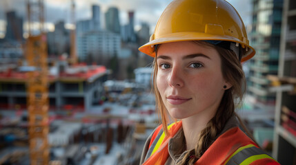 A portrait of a young construction worker woman wearing a safety helmet against a backdrop of city buildings under construction. The image exudes determination and progress.