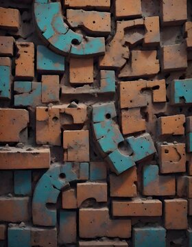 Irregular Wall with Protruding Bricks in Brown and Turquoise, Generative AI