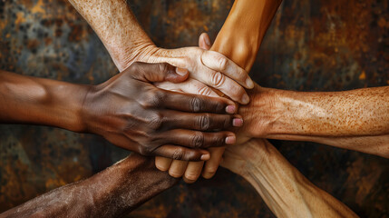 solidarity with a close-up image of diverse hands clasped together in unity, symbolizing teamwork, collaboration, and strength. - obrazy, fototapety, plakaty