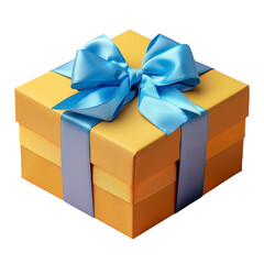 Gift box in yellow craft wrapping paper and light blue satin ribbon on transparent background.