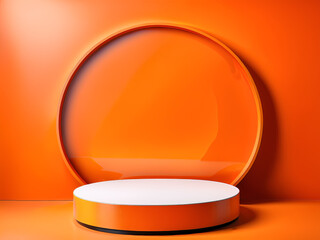 Orange Display Background, Product Display Podium platform, studio stage pedestal light, abstract orange scene, minimal modern interior, ad, podium platform, product presentation space, advertisement 