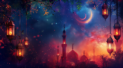 An illustration banner background celebrates Ramadan Kareem with Islamic Crescent and lantern symbols, accompanied by the written message 'Ramadan Kareem'.