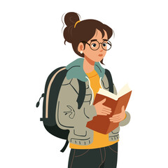 Young college or university student with backpack and book in hand. studying or preparing for exams, analysing study materials. Poster showing female student education, studying, back to school. 