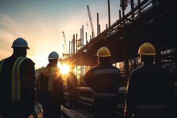 Engineer and construction team silhouette at site with sunset pastel for industry background