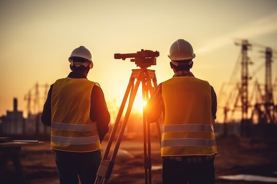 Silhouette of engineer and construction team working at site during beautiful sunset