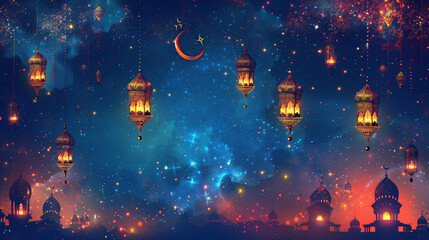 Fototapeta na wymiar An illustration banner background celebrates Ramadan Kareem with Islamic Crescent and lantern symbols