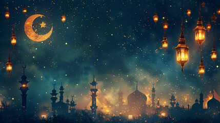 An illustration banner background celebrates Ramadan Kareem with Islamic Crescent and lantern symbols