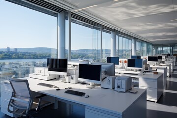 Fototapeta na wymiar Modern interior design of a contemporary office building with sleek and stylish decor