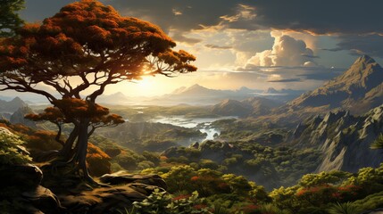 landscape of the valley in the golden rays of sunset.
Concept: nature and meditation, travel and adventure. artistic fantasy video games. travel agencies and eco