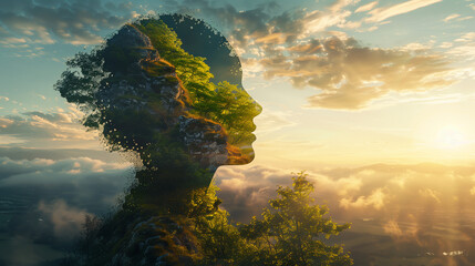 Depict the concept of inner peace and mental tranquility by creating an image of a human head outline filled with a serene landscape background, offering a sense of calm and introspection.