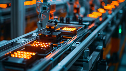 A close-up view of a mass production assembly line of electric vehicle battery cells, highlighting the precision and efficiency of modern technology. - obrazy, fototapety, plakaty