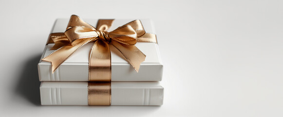 Stack of white books tied with a golden ribbon and bow on minimalistic white background. Love for  literature and reading concept. Banner for World Book Day event with copy space.   - obrazy, fototapety, plakaty