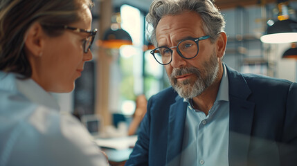 A business man and his colleague engage in a brainstorming session in a bright office, exchanging ideas and collaborating to find innovative solutions.