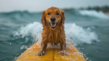 Cute dog swimming on surfboard in ocean - obrazy, fototapety, plakaty
