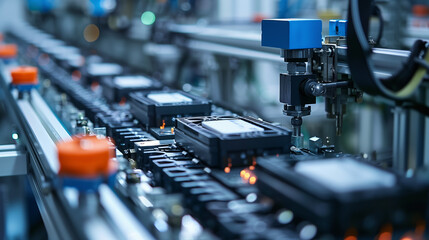 A close-up view of a mass production assembly line of electric vehicle battery cells, highlighting the precision and efficiency of modern technology.